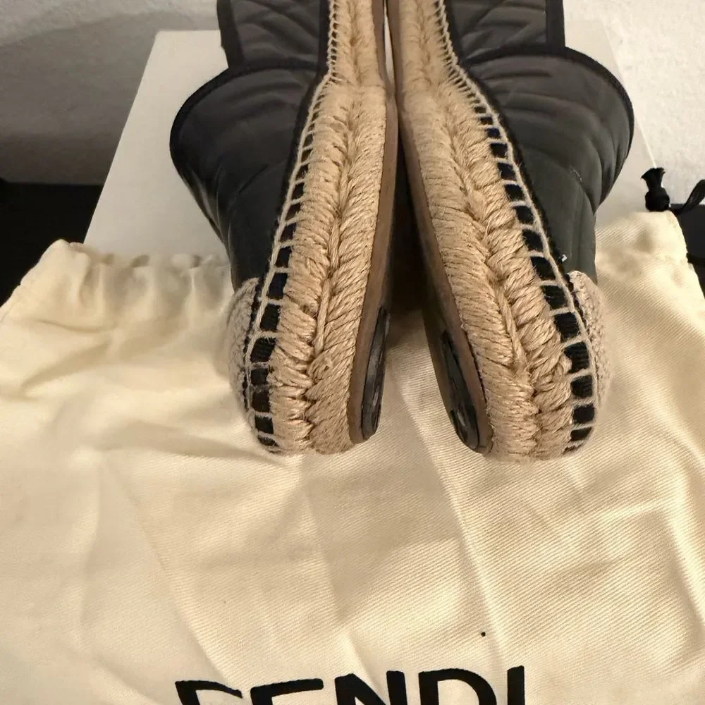 Fendi Black Leather FF Espadrille Flats Logo Jute Sole Size 36